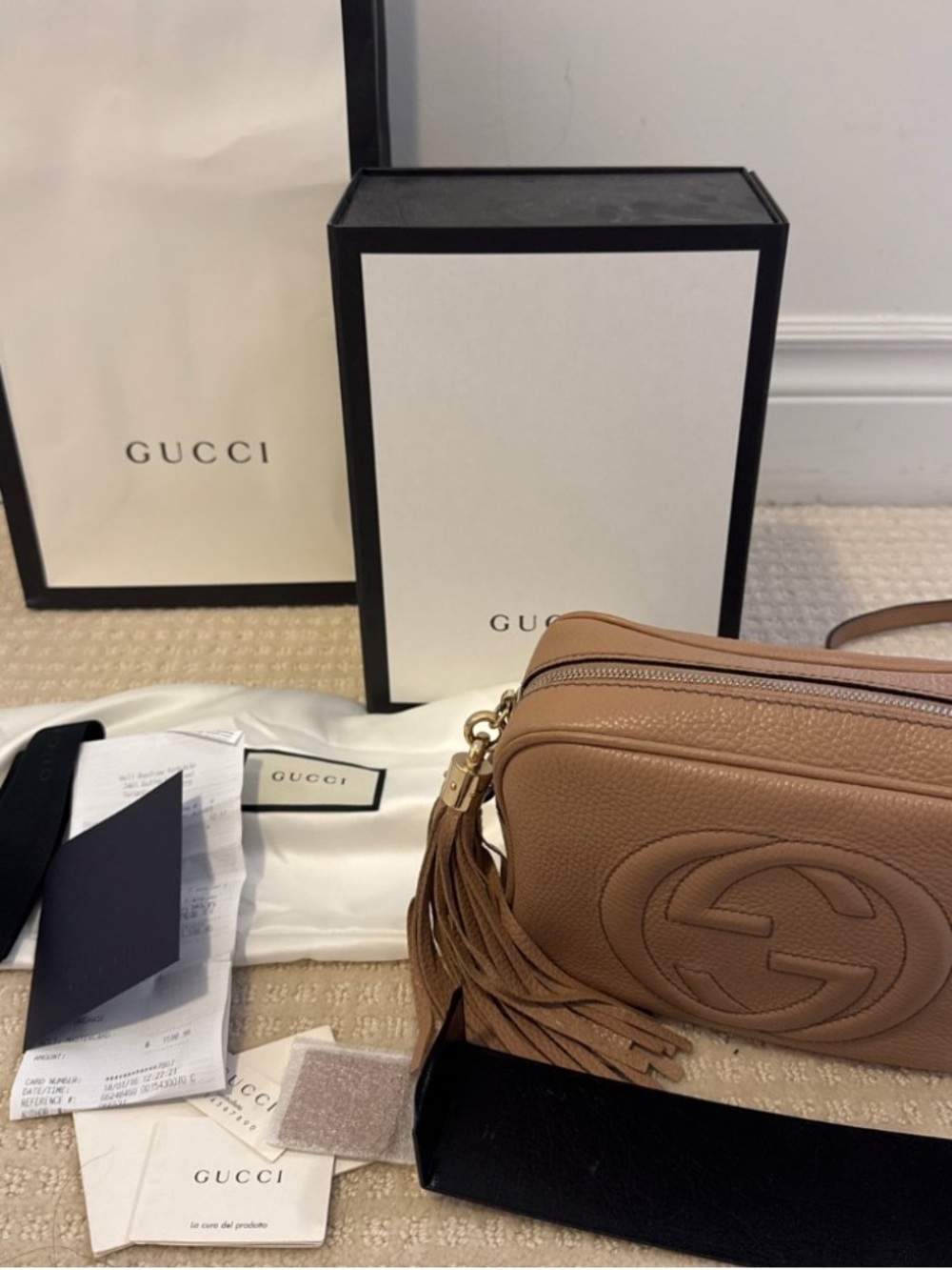 Gucci Pebbled Leather Tan Crossbody with Tassel